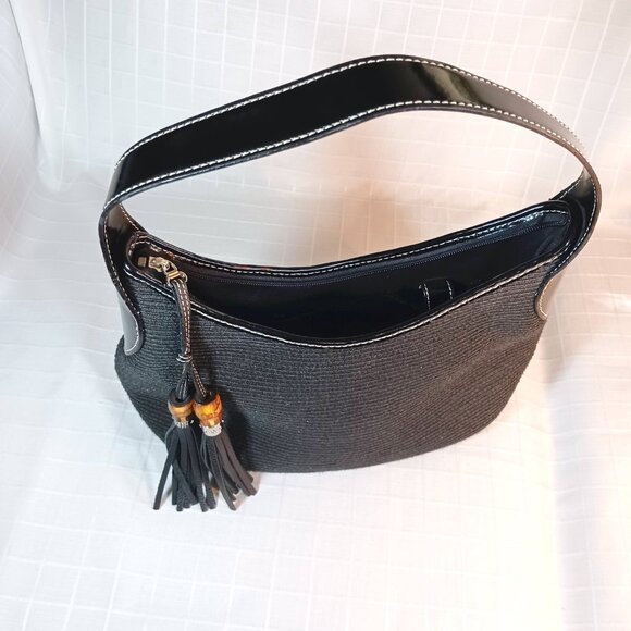 Vintage Talbots Black Wicket Basket Weave Bamboo Tassel Hobo Shoulder Bag - Picture 6 of 9